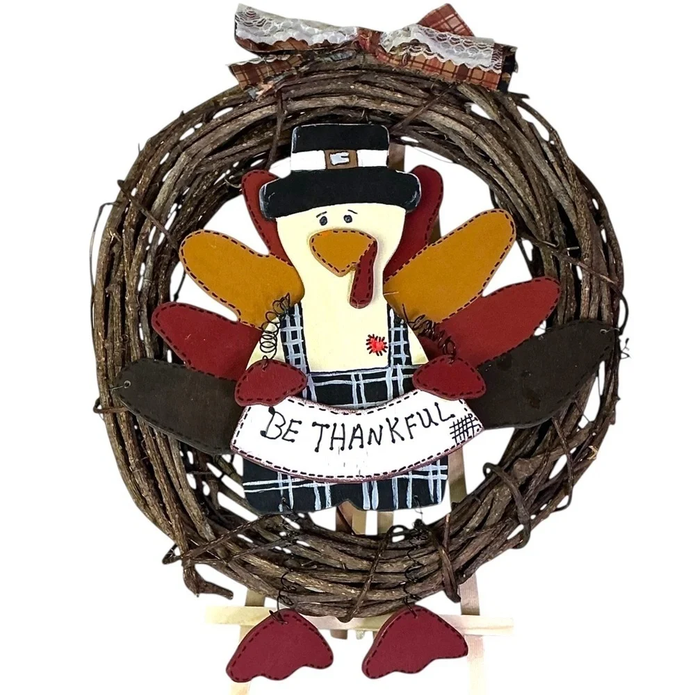 Hand Crafted Thanksgiving Turkey Wreath BeThankful Rustic Red Brown Accent 14 In